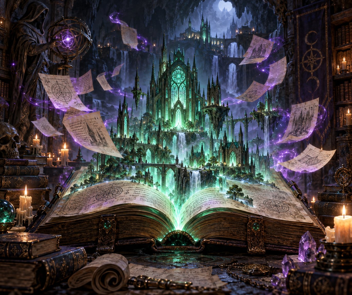 Ancient grimoire projecting luminous emerald architectural schematics