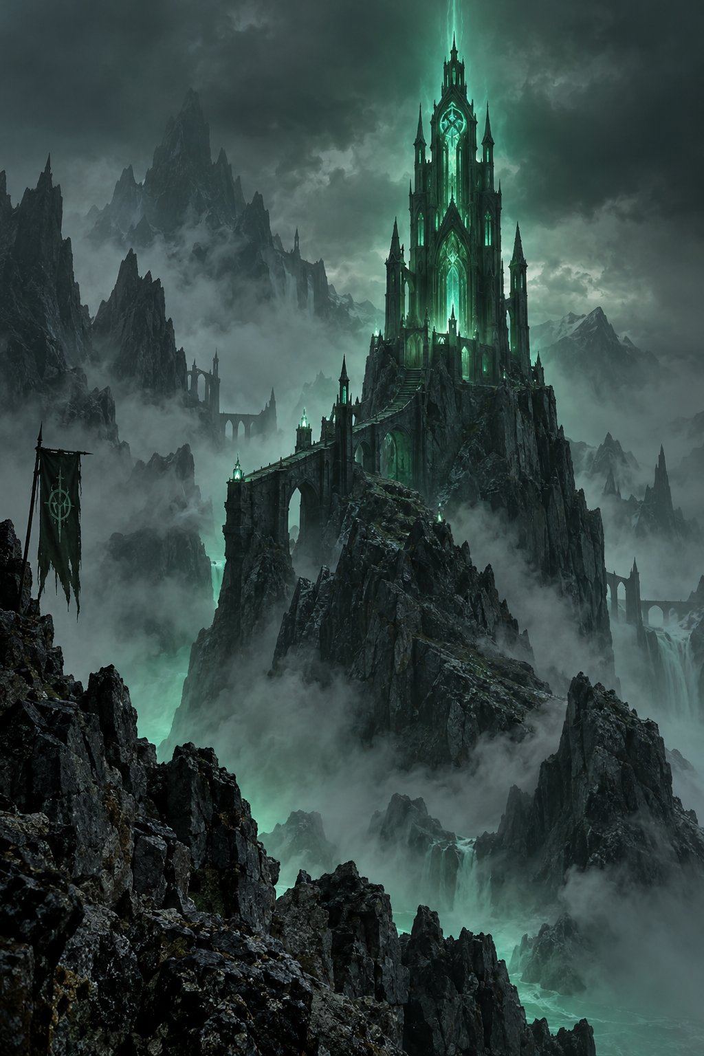 Atmospheric gothic citadel rising from volcanic mists