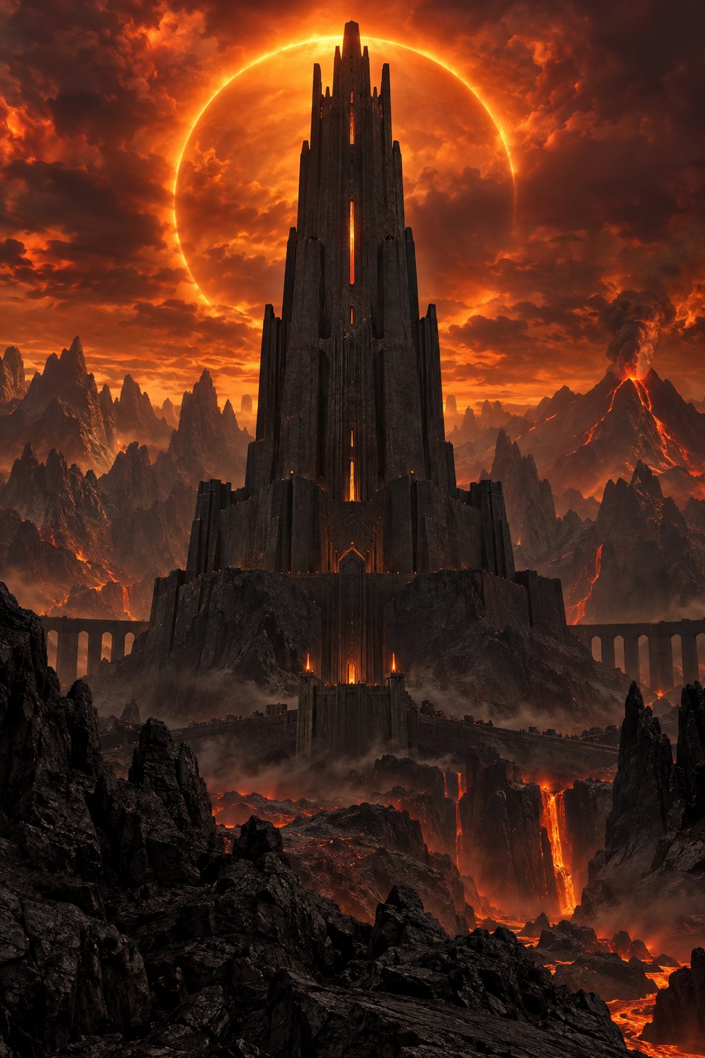 Towering gothic stone monolith in an eclipse sunset