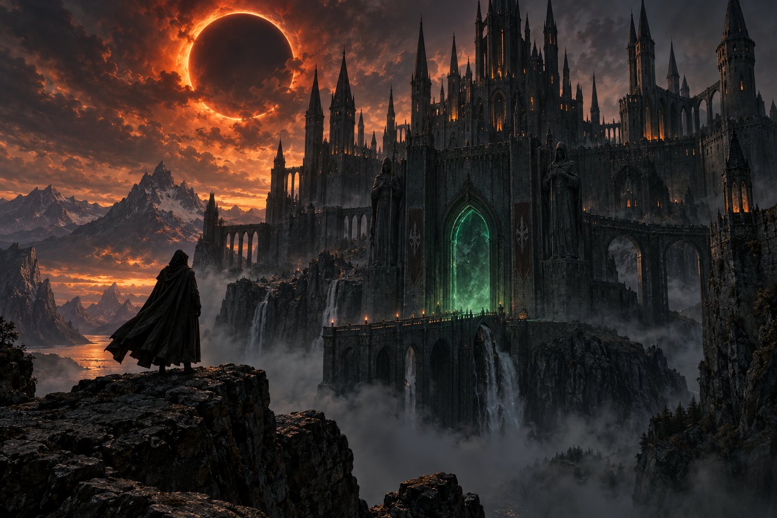 Dark fantasy gothic citadel bathed in amber moonlight